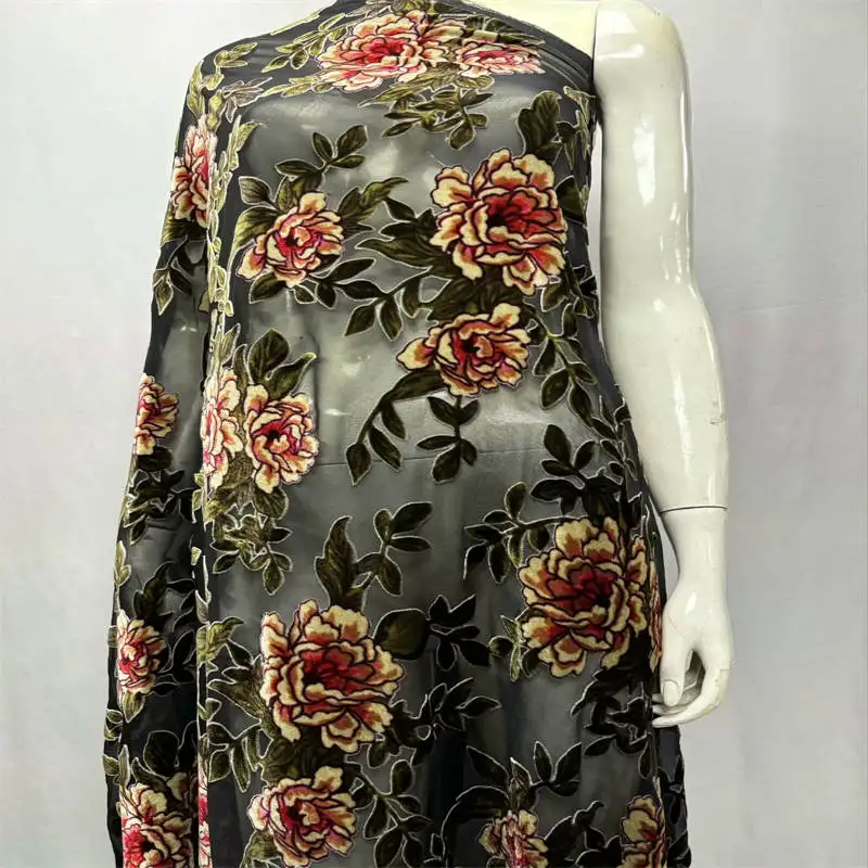 2023 Latest Design High Quality Embroidery Pprinted Velvet Silk Fabric Sewing Textile Material 5 Yards.LX3.12