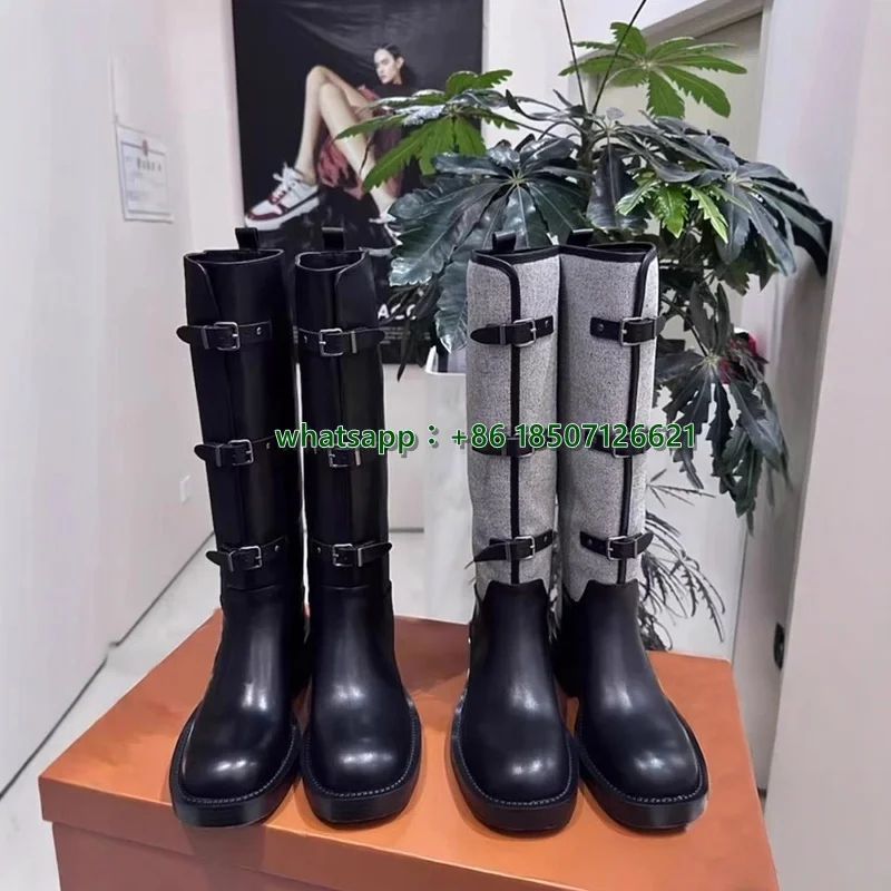 Spliced ​​Round Toe Low-Heeled Thick-Soled Motorcycle Button Boots New Style Long Boots Knight Boots High Boots