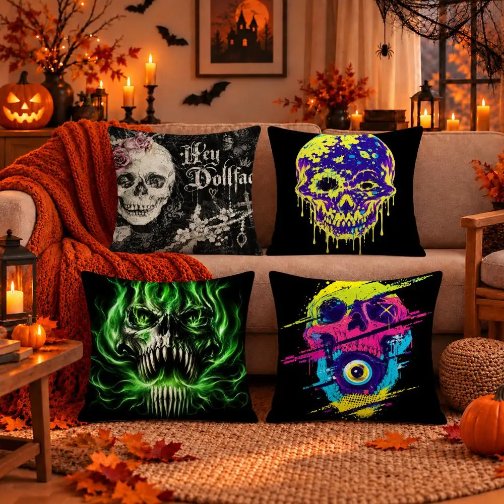 Art Gothic Grunge Skulls Halloween Cushion Cover Dark Gothic Plush Pillow Covers for Sofa Bedroom Home Decor