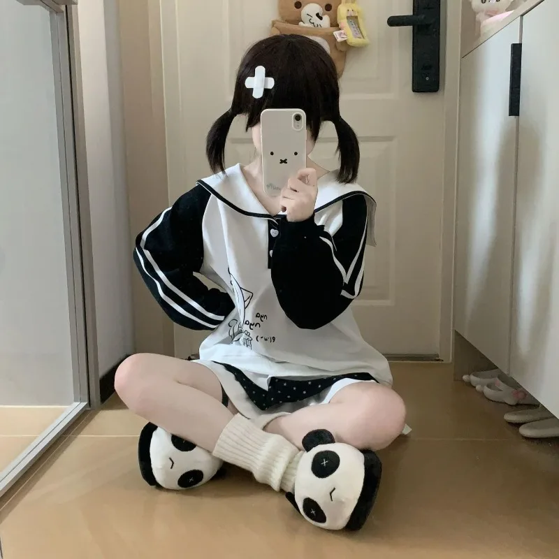 2025 Japanse Cartoon Afdrukken Hoodie Vrouwen Harajuku Sailor Kraag Patchwork Losse Sweatshirt Y2k Esthetische Knop Casual Hoody