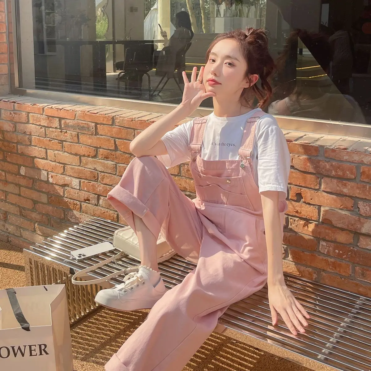 2025 novo macacão jeans rosa feminino solto ajuste coreano sle street faion tamanho pequeno redução de idade emagrecimento calças de uma peça