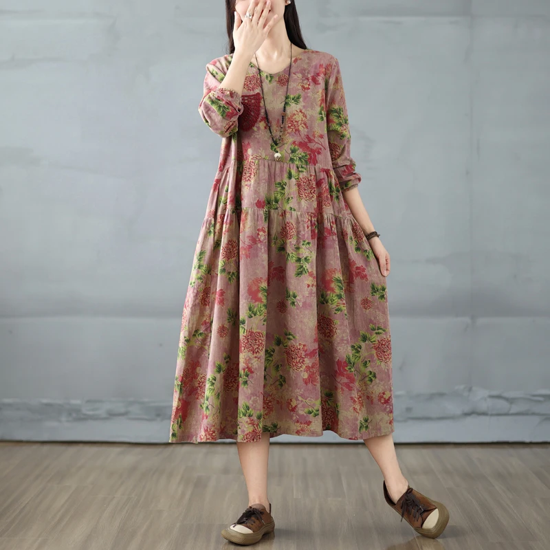 Cintura alta V-Ne Lanterna Sve Dr com Lace kets Algodão Linho Estampado A-Line Long Dr Efeito de Emagrecimento para plus size W...