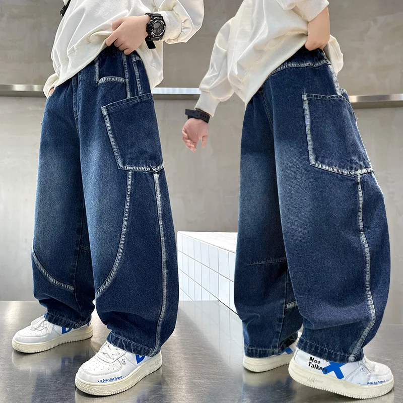 Kids Child Vintage Blue Heavy Jeans with Side Pockets For Teens Boy y2k Clothes Harajuku Hip Hop Distressed Baggy Denim Pants