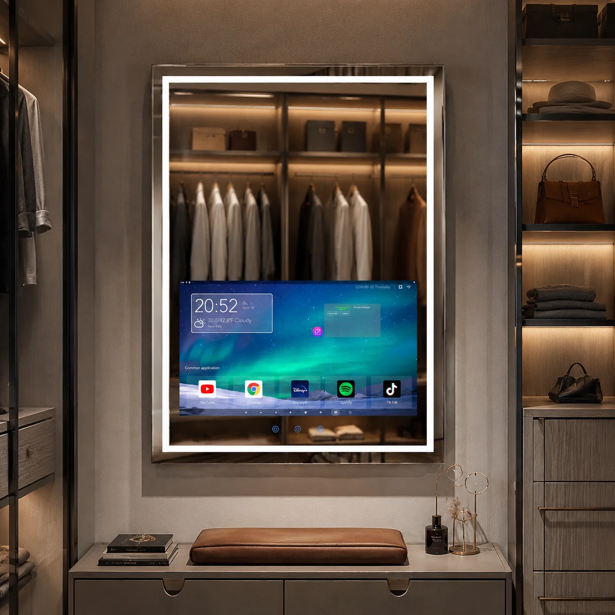 Factory OEM Wall Mounted Dressing Room Mirror Touchscreen Wardrobe Smart Mirror LED Backlit Magic Mirror Display For Cloakroom