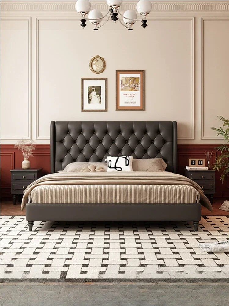 Modern Bedroom Soft Pack Bed French Retro Domestic Double Bed Black Rhombus Soft Cushion Solid Wood Bed