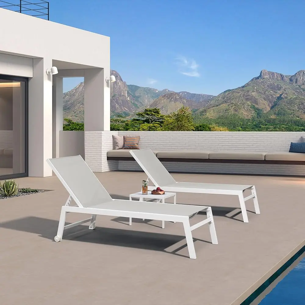 

Oversize Chaise Lounge Chair Outdoor 2 Pieces White Aluminum Lounge Chair With Wheels And Table For Pool De Patio, Ivory