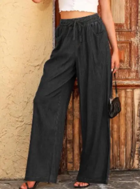 Pantalon d'été ample pour femmes, nouvelle couleur unie, Imitation Denim, taille haute, à lacets, décontracté, jambes larges, adapté aux déplacements quotidiens