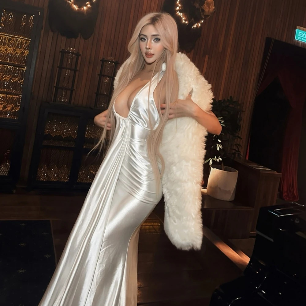 SylCue Silky Satin Elegant Long Dress Dress Women Halter Low-Neck Backless Sleeveless Midnight Cocktail Party Skinny Vestidos