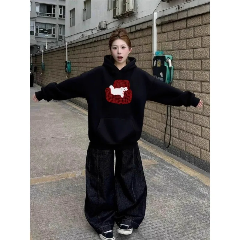 

Мужская толстовка свободного кроя с капюшоном, тонкая, осенне-зимняя, повседневная, из полиэстера, теплая, с принтом, в американском стиле