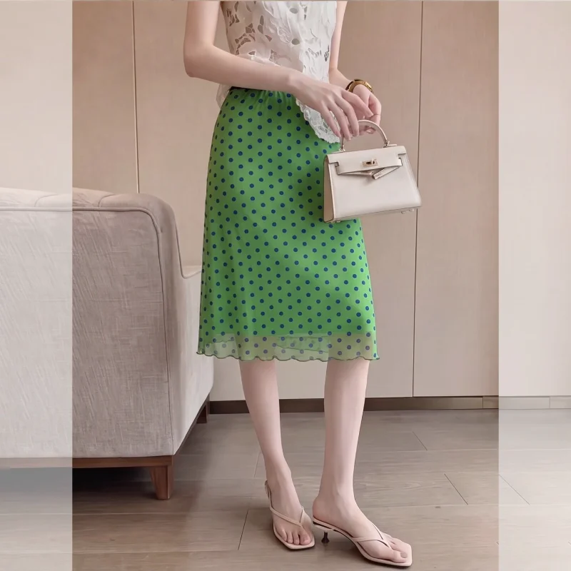 Summer  Green Polka Dot Halter Neck  Dress Women's High Waist Casual Wrap Style Skirt Super Beautiful