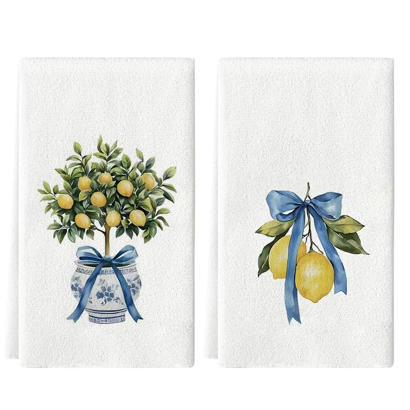 2Pcs, Lemon and Blue Bow Kitchen Towels, 40Cm*60Cm Towel Set, Super Absorbent Soft Cleaning Cloth, Cooking and Baking Tea Towel, Hand Towel, Cleaning Cloth, Dishcloth, Kitchen Decoration, Living Room Decoration, Kitchen Essentials, Home Essentials