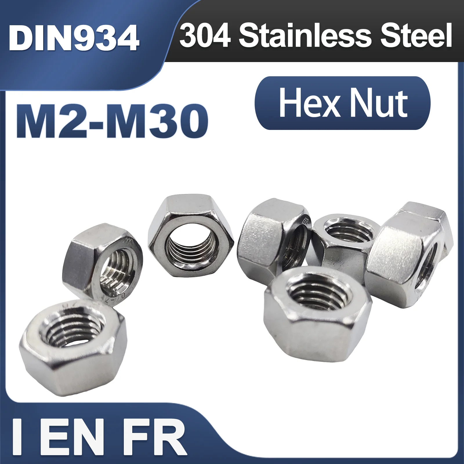 2/5/10/25/50Pcs M2 M3 M4 M5 M6 M8 M10 M12 M16 M18 M20 M24 M27 M30 304 A2-70 Stainless Steel Hex Hexagon Nut DIN934 Nuts