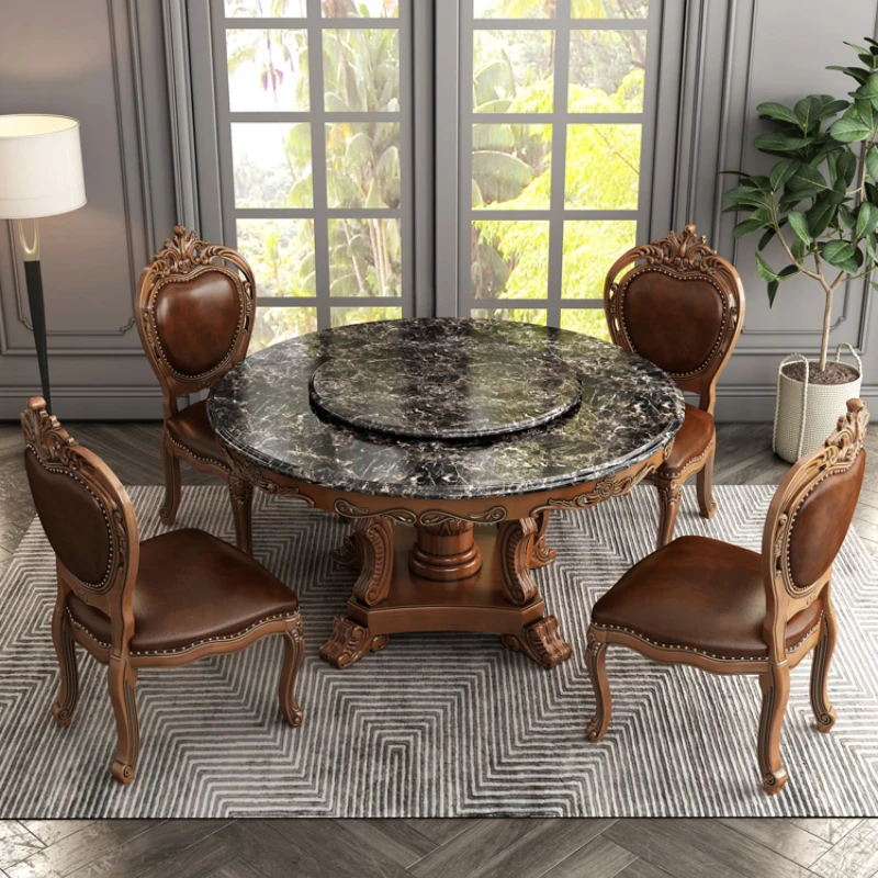 Marble dining table and chair combination, American style all solid wood villa, luxurious table, dining home, round table