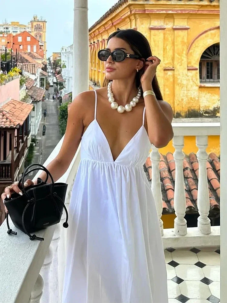 

Women's Backless Midi Dress Waistband V Neck Solid Pullover High Waisted Loose Fitting Camisole A-line Skirt New Fashion Dresses