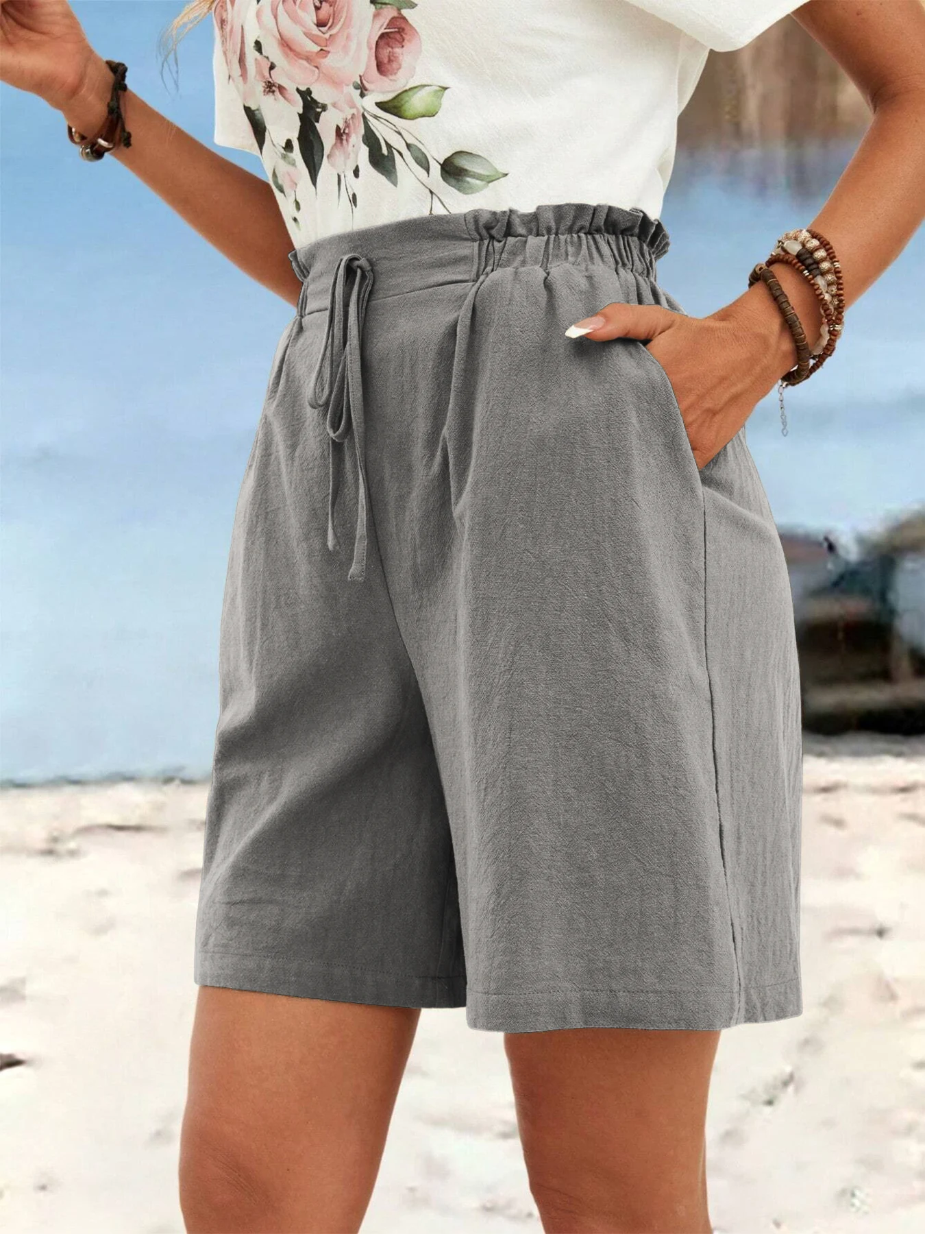 Damen-Shorts aus Leinen für Frühling und Sommer, einfarbig, lässig, sportlich, Dreiviertelhose mit Kordelzug – Detail 6
