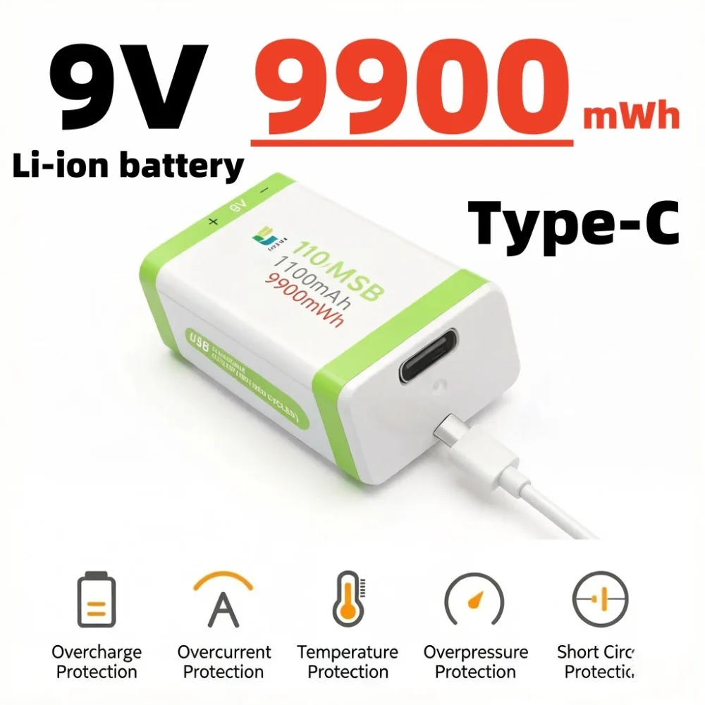 

9V 9900mWh/1100mAh Rechargeable Lithium-Ion Battery Type-C 9V Battery for Multimeter Microphone Toy Remote Control KTV Use