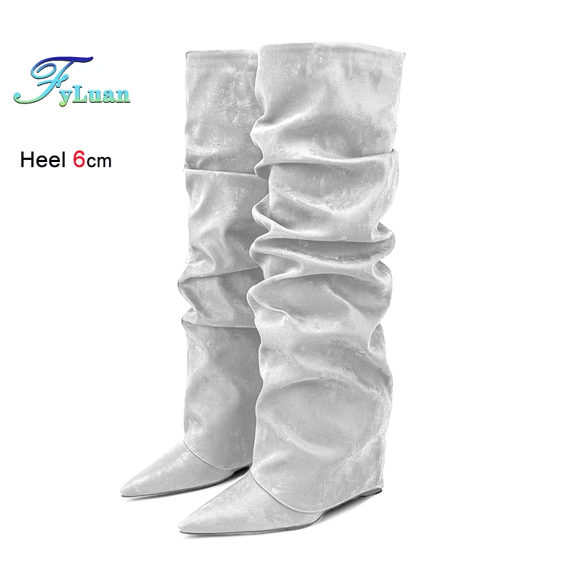 

Женские высокие сапоги до колена на танкетке с острым носком, шелковые плиссированные сапоги на высоком каблуке 6 см, модные черные женские туфли с перевернутым краем