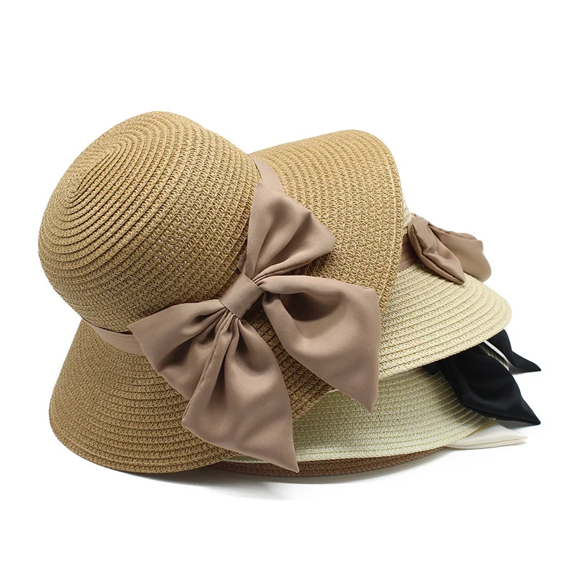 

Foldable Big Brim Floppy Girls Straw Hat Sun Hat with Bowknot Elegant Protection Shading Fashion Beach Caps for Women 2022 New