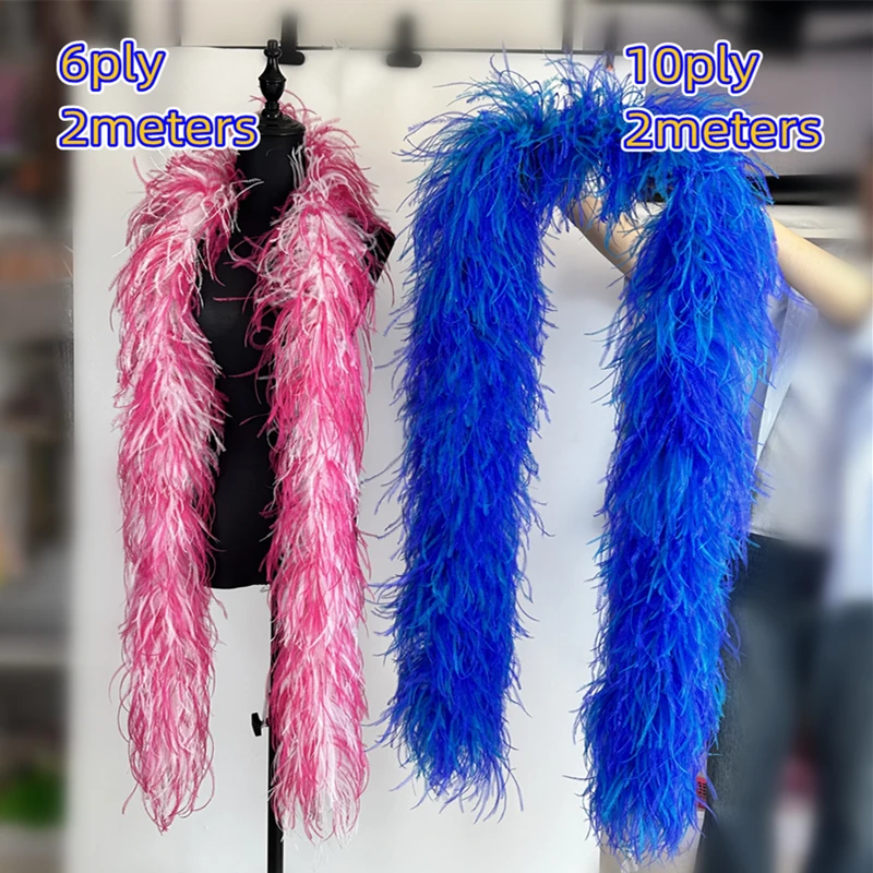 2Meters Mix-Colored Ostrich Feather Boa 4-12PLY Rainbow Feather Trim Scarf Plume Shawl For Wedding Dress Clothes Decor Plumas