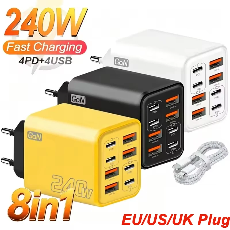 شاحن USB بقوة 240 واط بتقنية GaN، 8 منافذ، شحن سريع PD، محول طاقة للهواتف المحمولة، 4 منافذ PD و4 منافذ USB، مناسب لآيفون 17 برو وسامسونج وشاومي، مزود بقابس أوروبي/أمريكي/بريطاني.