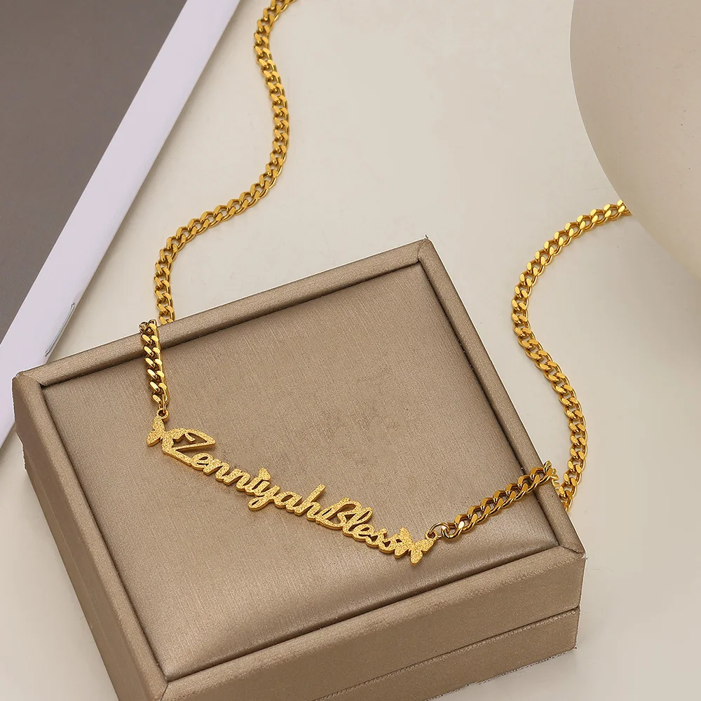 Custom Frosted Name Necklace Stainless Steel Personalized Cuban Chain Butterfly Nameplate Pendant Necklace Women Daily Wearing view 2