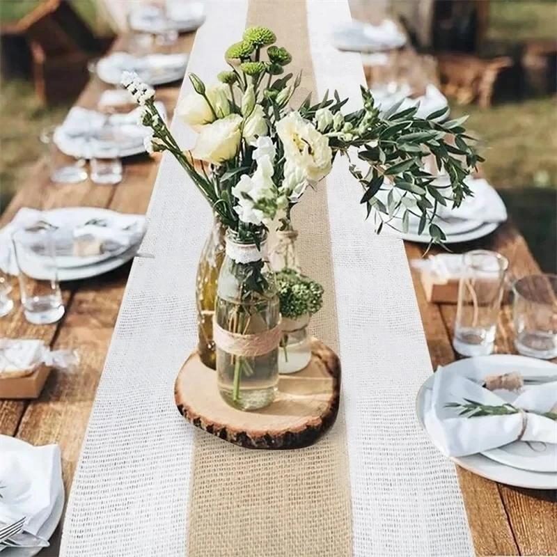 Burlap Table Runner Jute Stitching Farmhouse Table Runners for Home Dining Room Country Vintage Wedding Banquet Decoration