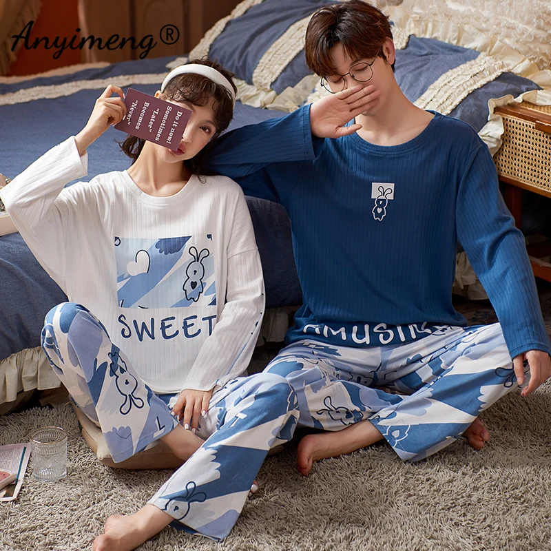 Couple Pajamas New Fashion Mens Womens Loungewear Cotton Sleepwear Spring Autumn Long Sleeve Cartoon Printing Couple\'s Nightwear