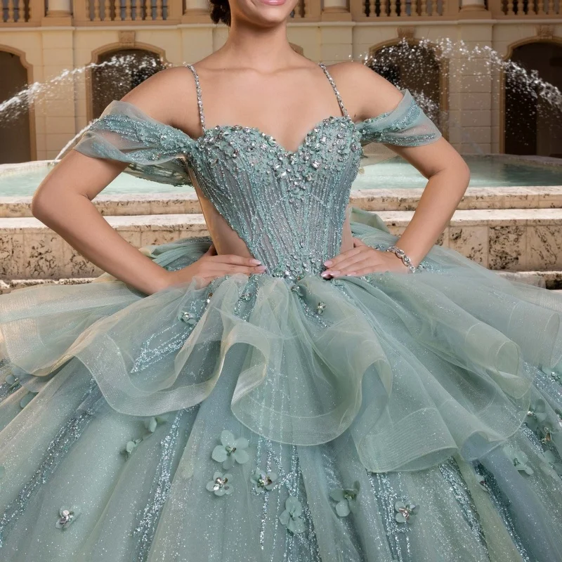 

Shiny Mint Green Quinceanera Dresses Off the Shoulder Crystal Decal 3D Flower Long tail Bow Vestidoe 15 Quinceanera Customize