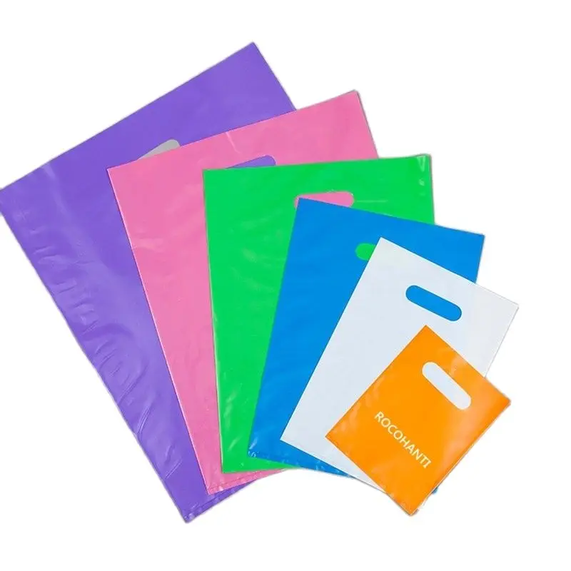 50PCS Multiple colour shape plastic die cut handle shopping bags with own logo