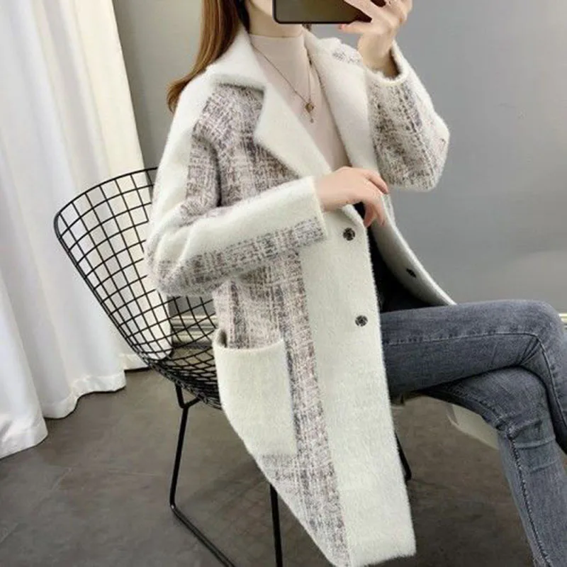 Imitation Mink Fleece Jacket Women’s Coat 2022 Autumn Winter New Mid Long thicken Warm Coat Suit Collar Leisure Coat Female Tops