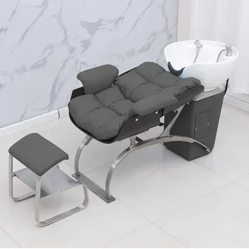 for Hair Salon Shampoo Chair Barber Shop Flushing Bed Stainless Steel Multi-Functional Lying Half Ceramic Basin Bread Bed