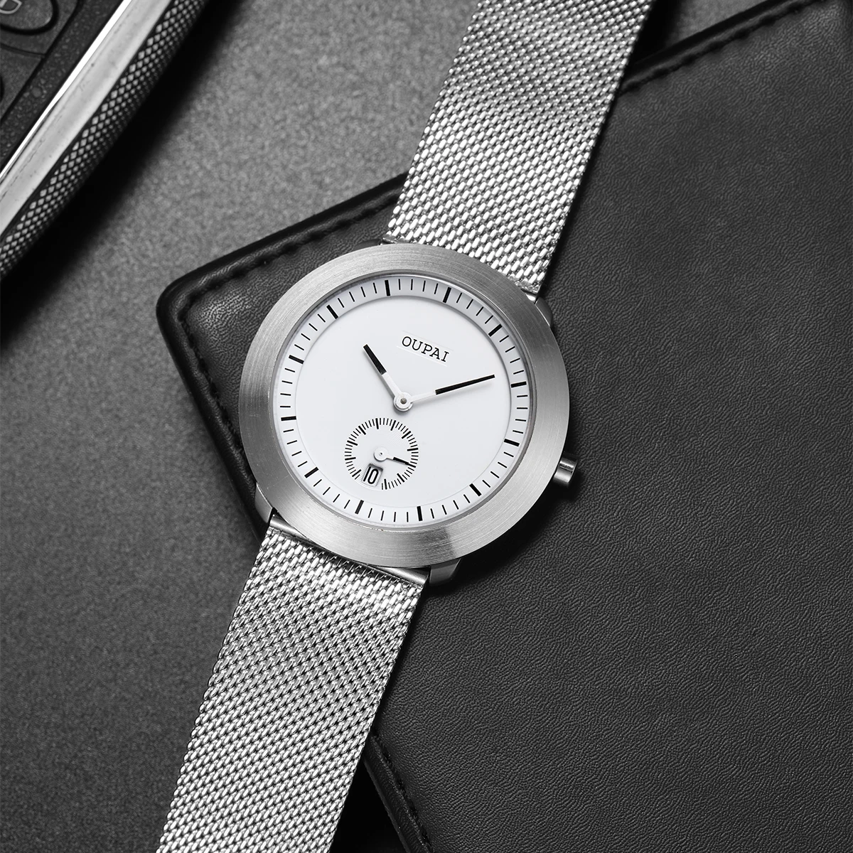 Oupai круглые черные кварцевые часы из нержавеющей стали, простые и спортивные часы, мужские наручные часы с календарем, водонепроницаемые