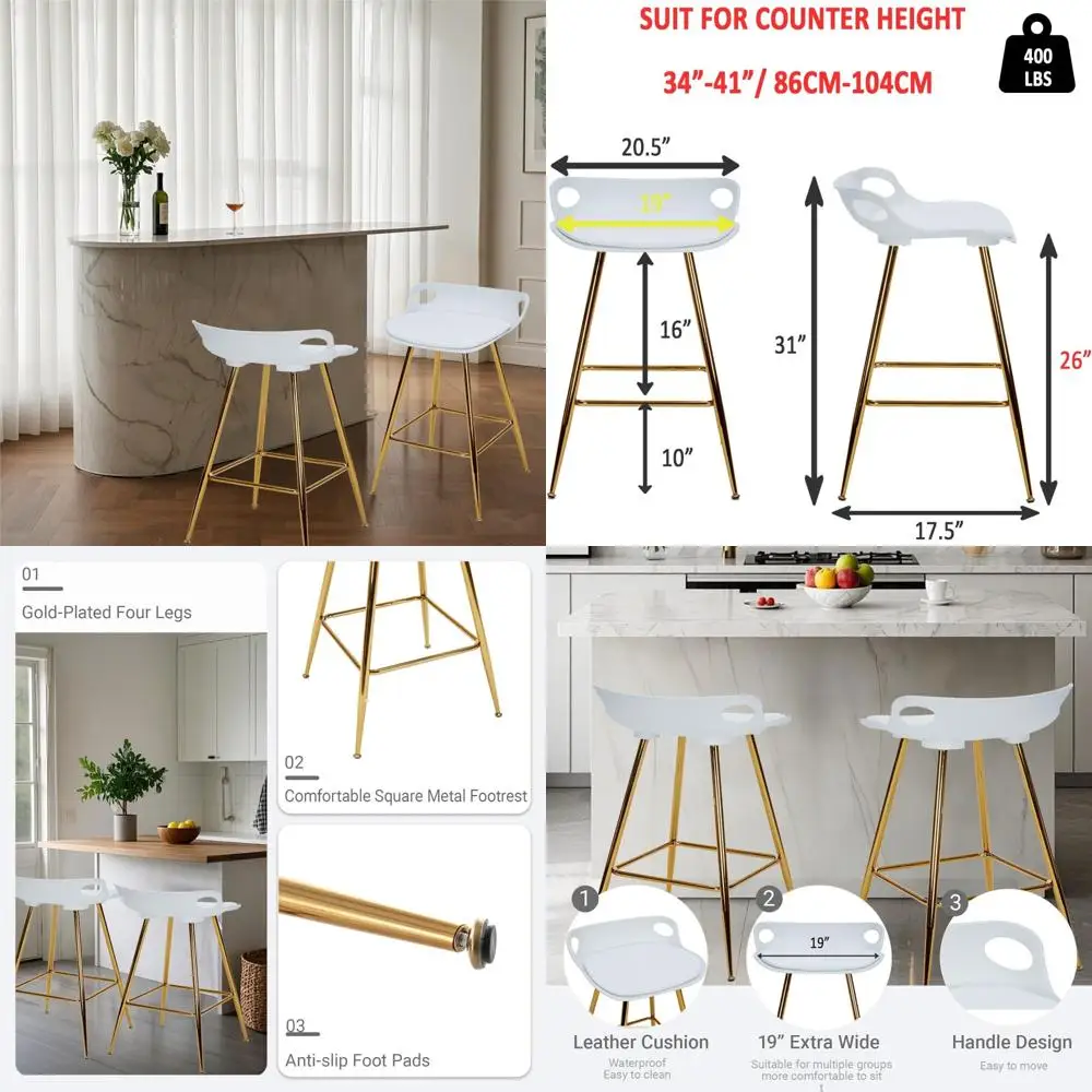 Juego de 2 taburetes dorados con altura de mostrador, asientos y reposapiés de cuero, taburetes de bar blancos de 26 pulgadas