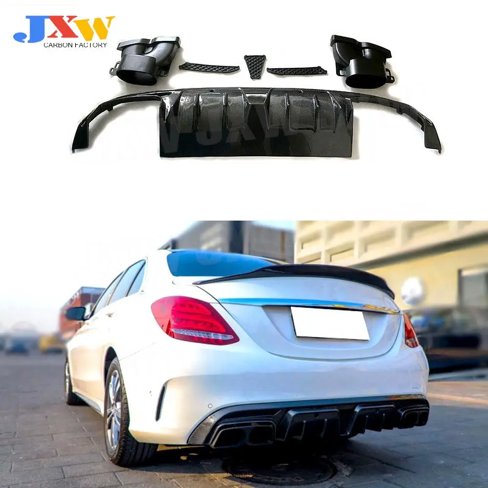 Carbon Fiber/FRP Rear Bumper Lip Diffuser Spoiler Exhaust Tip For Mercedes Benz C Class W205 C200 C300 C63 AMG 2015-2019 Kits