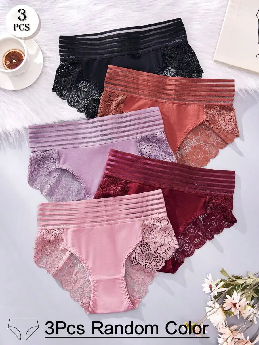 

Комплект из 3 женских трусиков-бикини с высокой талией и кружевной отделкой - мягкая эластичная ткань