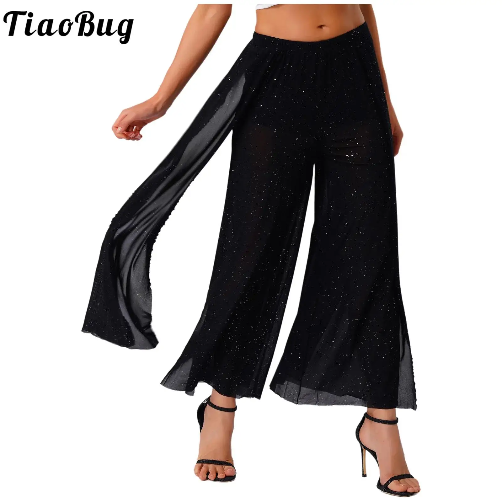 

Women Shiny Mesh Wide Leg Pants Dancewear Elastic Waist Side Slit Built-in Shorts Loose Fit Long Pants Summer Casual Clothes