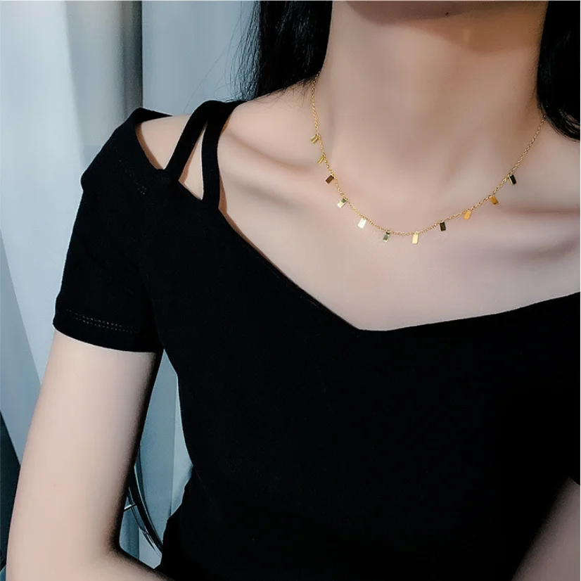 316L Stainless Steel New Fashion Upscale Jewelry Geometric Square Tassel Charms Chain Choker Necklaces & Pendants For Women