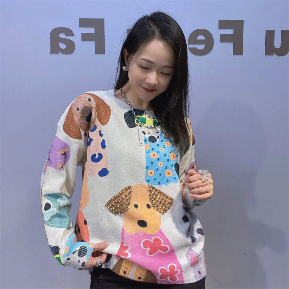 

Повседневные пуловеры, свитер большого размера, женская осенняя одежда, трикотаж с длинными рукавами и принтом из мультфильмов, женский свободный свитшот