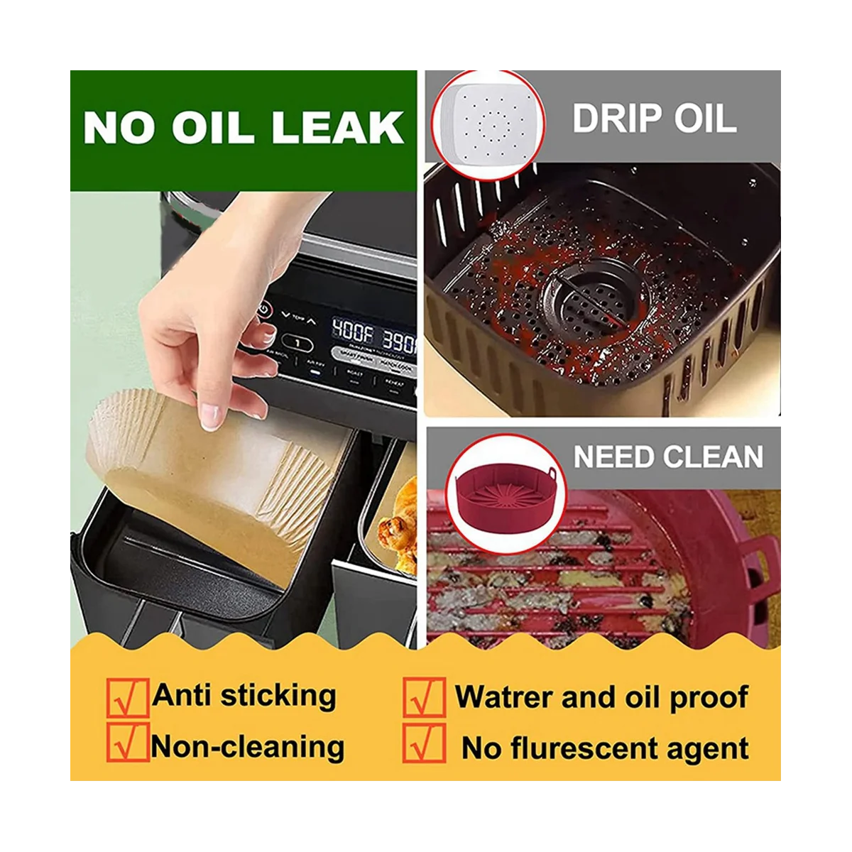 ورق سيليكون 200 قطعة لـ Ninja Foodi Airfryer المطبخ الطبخ مقلاة هوائية مستطيلة ورق خبز خاص للاستعمال مرة واحدة