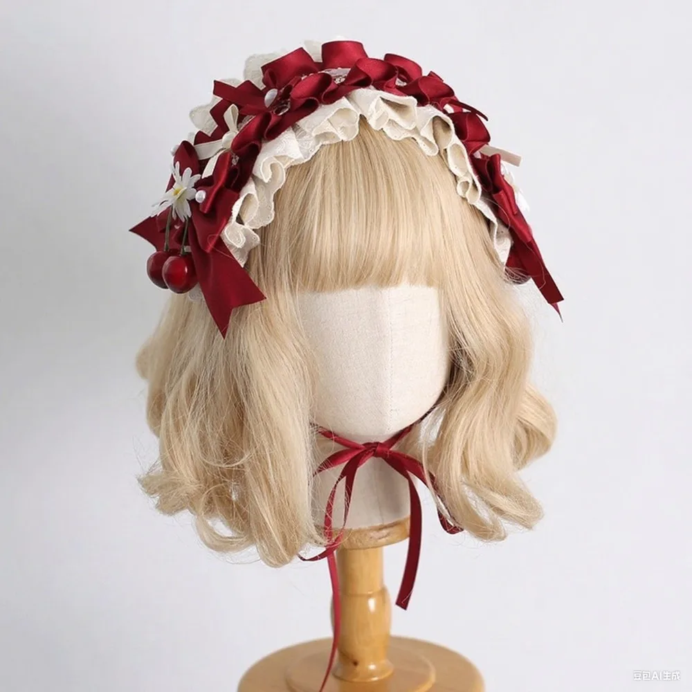 لوليتا الحلو تكدرت الدانتيل الانحناء أشرطة قبعات من القش الفتيات لطيف الكرز إكسسوارات الشعر النساء الفيكتوري الشاي حفلة أنيقة Headbands