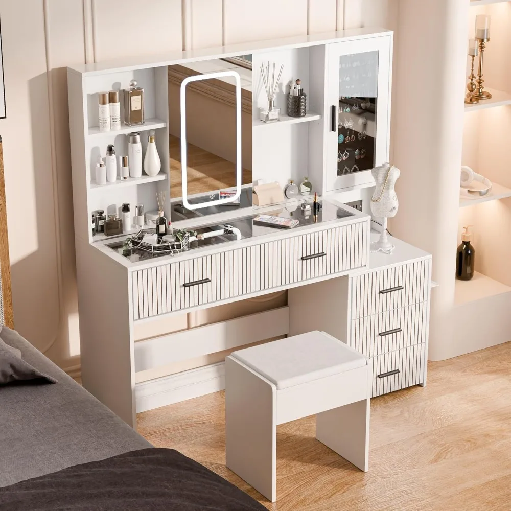مكتب زينة مكياج مضيء مع أدراج ومرآة وحامل مجفف شعر