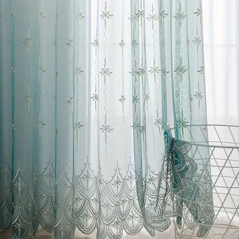 1pc European Modern Dreamy Floral Wave Edge Embroidered Sheer Curtain, Decorative for Bedroom, Lining Room