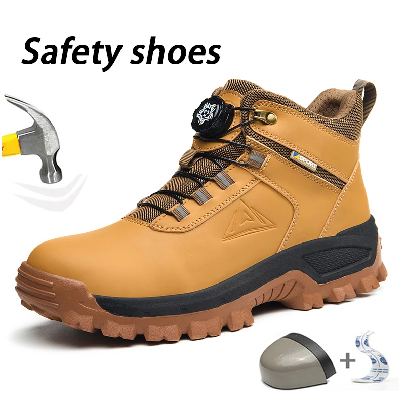 

Коричневые водонепроницаемые защитные ботинки, мужские рабочие ботинки с неразрушимым стальным носком, устойчивые к ударам, регулируемая ручка с высоким берцем