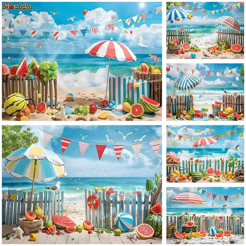 Mocsicka Summer Party Photography Background Happy Birthday Beach Sea Decor Backdrop Kids Portrait Cake Smash Studio Props