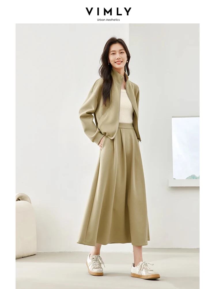 

Vimly Casual 2 Piece Skirt Sets Women Outfit 2024 Spring New in Matching Sets Zip-up Cropped Jacket with Midi Skirt Female M5277