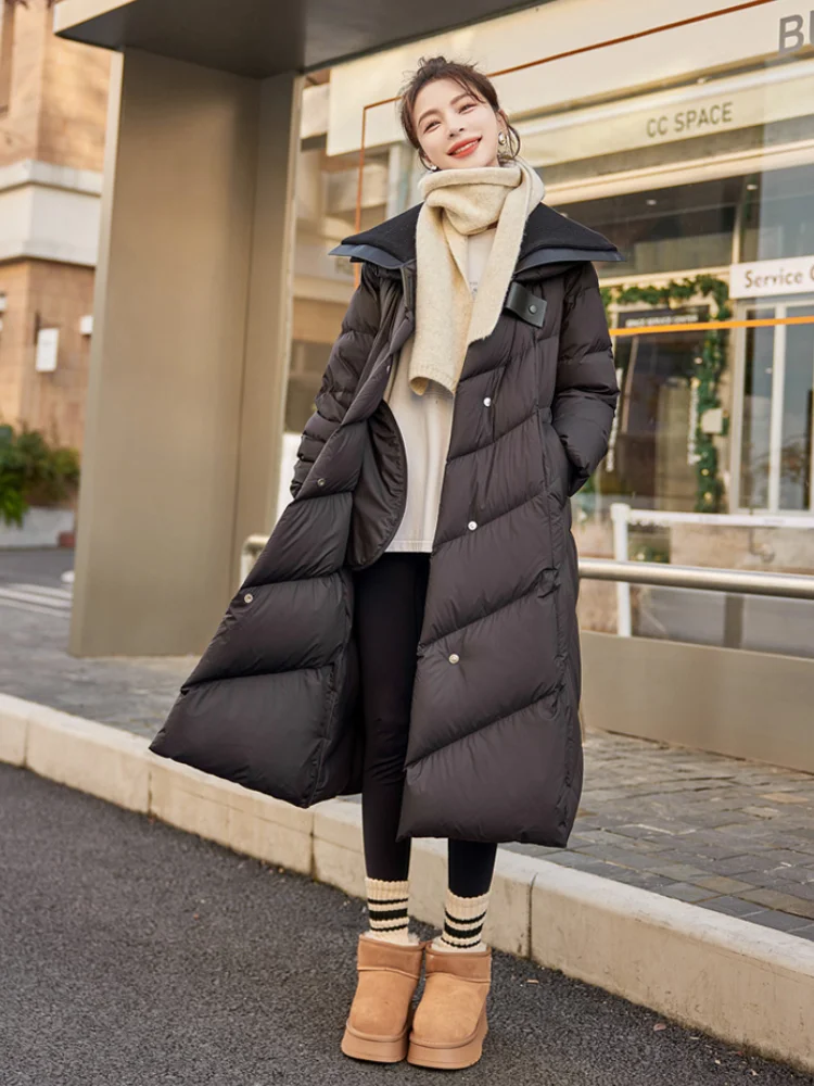 Women's Winter Down Jacket Thickened 90 White Duck Down Jacket Knitted Large Lapel Long Parkas Sweet and Elegant Women's Coat