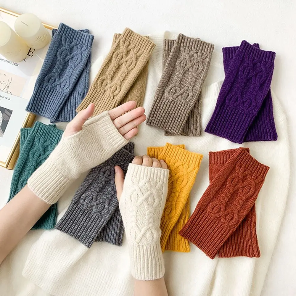 Fingerless Mittens Driving Gloves Elastic Solid Color Plus Velvet Knitted Mittens Half-finger Gloves Female Gloves Twist Gloves