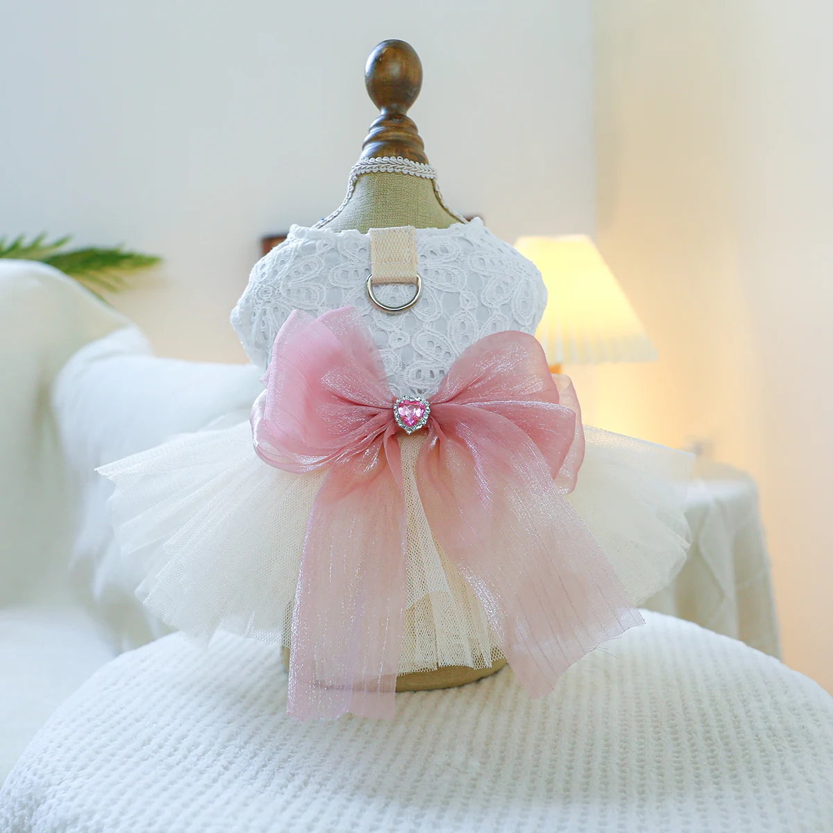 Little Sweetheart Wedding Pet Harness Dress, Lace Bow Tutu Skirt, for Small Dogs & Cats, Bridal Party Outfit