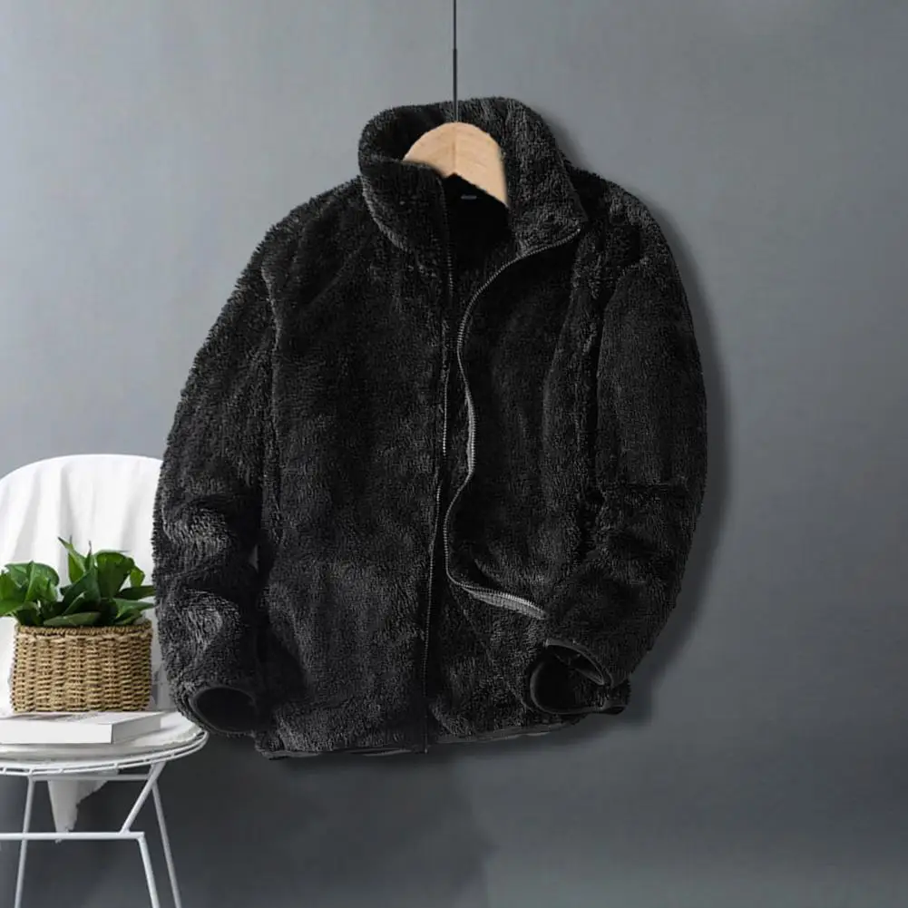 Autumn Winter Women Men Solid Color Plush Coat Stand Collar Long Sleeve Zipper Placket Double-sided Thickened Faux Fur Jacket Co