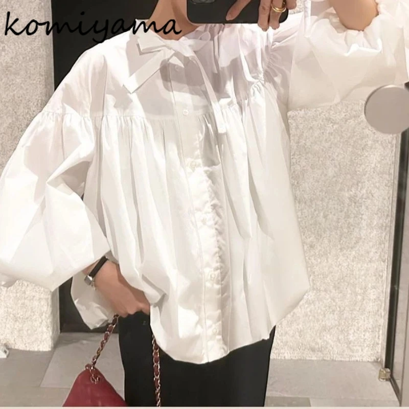 Lace Up Bow Shirts Blouses Lantern Long Sleeve Blusas Mujer Single Breasted Camisas Pleated Ropa 2025 Spring Womens Clothing